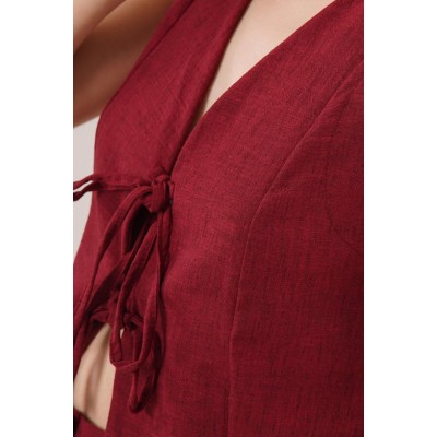 Ön Bağlama Detaylı Yelek Ve Pantolon Bordo İkili Takım Ön Bağlama Detaylı Yelek Ve Pantolon Bordo İkili Takım