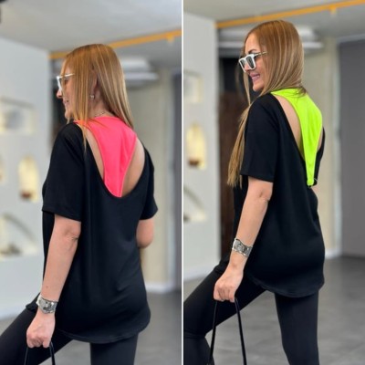 Kadın İki İplik Kumaş Sırt Neon Detay Bluz Kadın İki İplik Kumaş Sırt Neon Detay Bluz