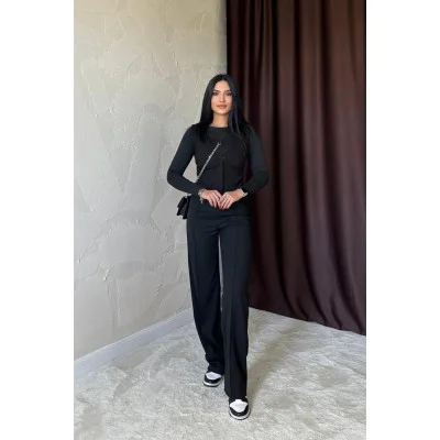 Siyah Bel Büzgülü Pantolon Siyah Bel Büzgülü Pantolon
