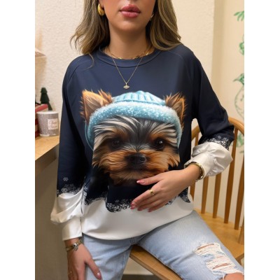 Kadın Uzun Kollu Bisiklet Yaka Köpek Baskılı şardonlu Dalgıç Bluz Kadın Uzun Kollu Bisiklet Yaka Köpek Baskılı şardonlu Dalgıç Bluz