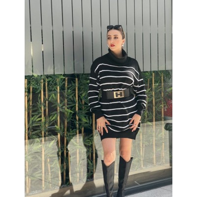 Kadın Uzun Kollu Degaje Yaka çizgili Sonya Iplik Mini Boy Triko Elbise (kemersiz) Kadın Uzun Kollu Degaje Yaka çizgili Sonya Iplik Mini Boy Triko Elbise (kemersiz)