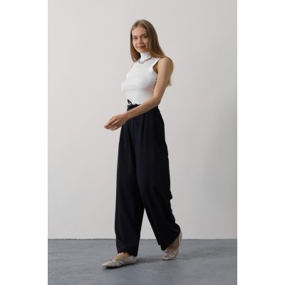 Pileli Bağcıklı Oversize Pantolon - Lacivert
