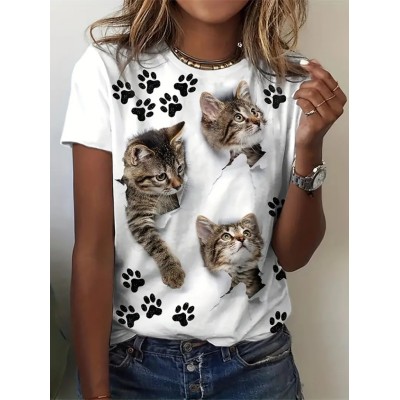 Kadın Kısa Kollu Kedi Ve Pati Baskılı Süprem T-shirt Kadın Kısa Kollu Kedi Ve Pati Baskılı Süprem T-shirt
