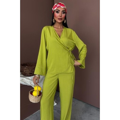 Kruvaze Model Klasik Pantolonlu Çupra Keten Takım 10191 Kruvaze Model Klasik Pantolonlu Çupra Keten Takım 10191