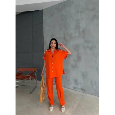 OMUZ MİDYE SIRALI BLUZ - PAÇA PENSLİ PANTOLON TAKIM - Orange OMUZ MİDYE SIRALI BLUZ - PAÇA PENSLİ PANTOLON TAKIM - Orange