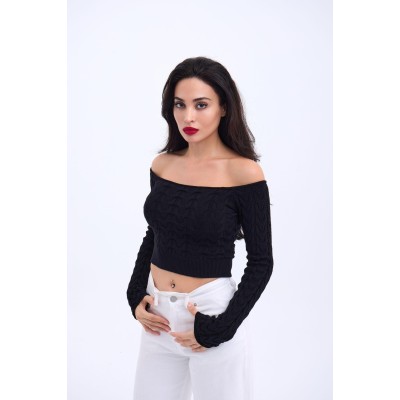 42241 TRİKO KAYIK YAKA CROP-SİYAH 42241 TRİKO KAYIK YAKA CROP-SİYAH