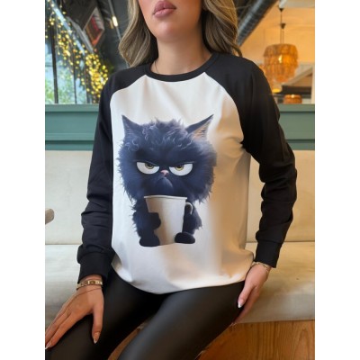 Kadın Uzun Kollu Bisiklet Yaka Kedi Baskılı şardonlu Dalgıç Bluz Kadın Uzun Kollu Bisiklet Yaka Kedi Baskılı şardonlu Dalgıç Bluz