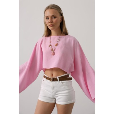 YARASA KOLLU CROP BLUZ - Pembe YARASA KOLLU CROP BLUZ - Pembe