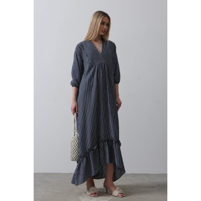 Çizgili Oversize V Yaka Elbise - Lacivert Çizgili Oversize V Yaka Elbise - Lacivert