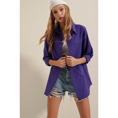 3900 Oversize Uzun Basic Gömlek - Mor 3900 Oversize Uzun Basic Gömlek - Mor