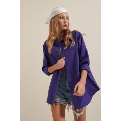 3900 Oversize Uzun Basic Gömlek - Mor 3900 Oversize Uzun Basic Gömlek - Mor