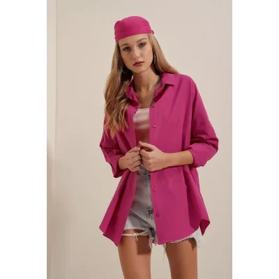 3900 Oversize Uzun Basic Gömlek - Koyu Pembe 3900 Oversize Uzun Basic Gömlek - Koyu Pembe