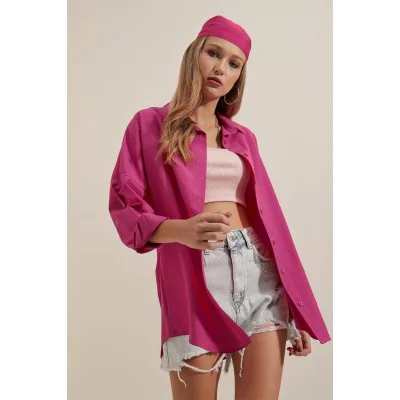 3900 Oversize Uzun Basic Gömlek - Koyu Pembe 3900 Oversize Uzun Basic Gömlek - Koyu Pembe