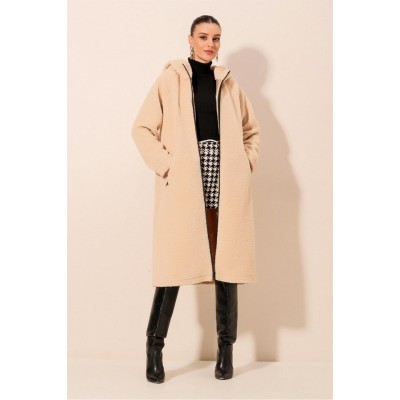 9132 Kapüşonlu Peluş Kaban - Krem 9132 Kapüşonlu Peluş Kaban - Krem