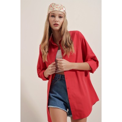 3900 Oversize Uzun Basic Gömlek - Kırmızı 3900 Oversize Uzun Basic Gömlek - Kırmızı