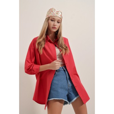 3900 Oversize Uzun Basic Gömlek - Kırmızı 3900 Oversize Uzun Basic Gömlek - Kırmızı