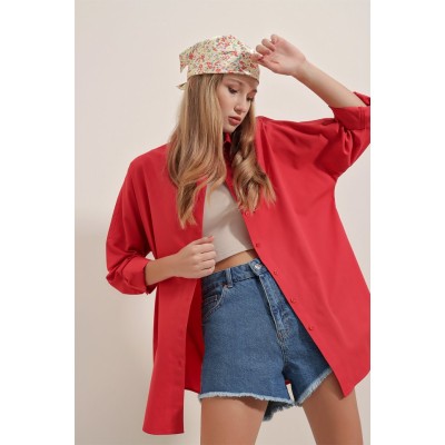 3900 Oversize Uzun Basic Gömlek - Kırmızı 3900 Oversize Uzun Basic Gömlek - Kırmızı