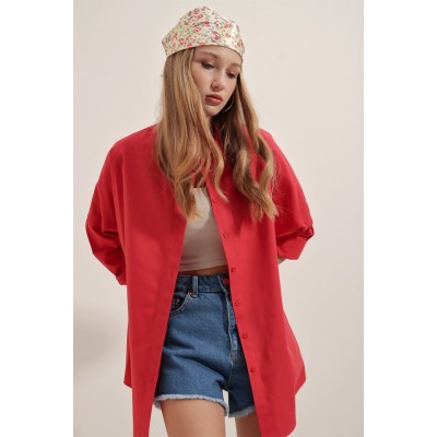 3900 Oversize Uzun Basic Gömlek - Kırmızı 3900 Oversize Uzun Basic Gömlek - Kırmızı