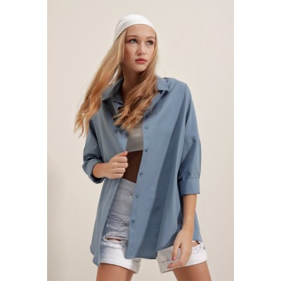 3900 Oversize Uzun Basic Gömlek - İndigo 3900 Oversize Uzun Basic Gömlek - İndigo