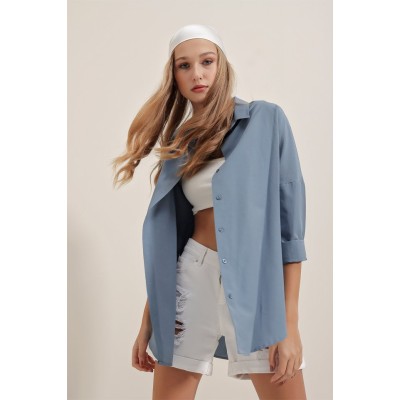 3900 Oversize Uzun Basic Gömlek - İndigo 3900 Oversize Uzun Basic Gömlek - İndigo