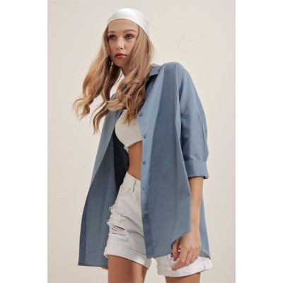 3900 Oversize Uzun Basic Gömlek - İndigo 3900 Oversize Uzun Basic Gömlek - İndigo