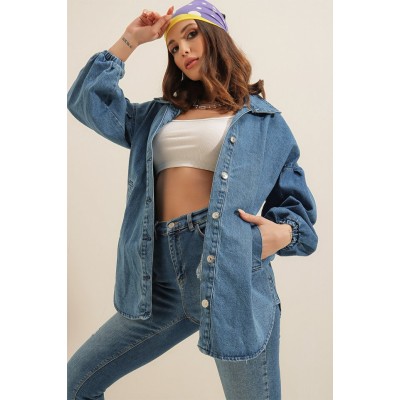 0662 Denim Balon Kollu Kot Ceket - Mavi 0662 Denim Balon Kollu Kot Ceket - Mavi
