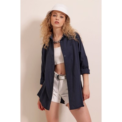 3900 Oversize Uzun Basic Gömlek - Lacivert 3900 Oversize Uzun Basic Gömlek - Lacivert
