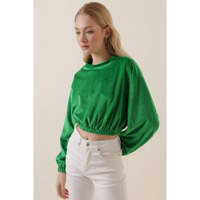 55392 Kadife Crop Bluz - Yeşil 55392 Kadife Crop Bluz - Yeşil