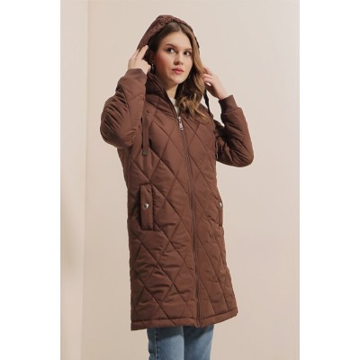 5138 Kapitone Uzun Şişme Mont - Kahverengi 5138 Kapitone Uzun Şişme Mont - Kahverengi