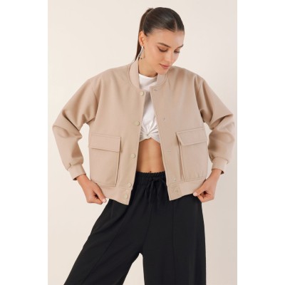 0688 Çift Cepli Bomber Ceket - Bej 0688 Çift Cepli Bomber Ceket - Bej
