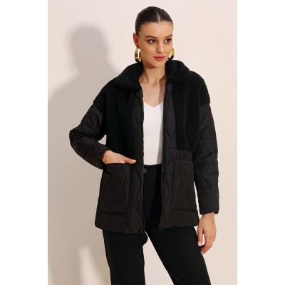 5182 Peluş Detaylı Oversize Şişme Mont - Siyah 5182 Peluş Detaylı Oversize Şişme Mont - Siyah