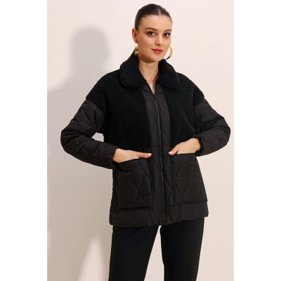 5182 Peluş Detaylı Oversize Şişme Mont - Siyah 5182 Peluş Detaylı Oversize Şişme Mont - Siyah