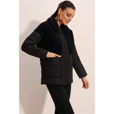5182 Peluş Detaylı Oversize Şişme Mont - Siyah 5182 Peluş Detaylı Oversize Şişme Mont - Siyah