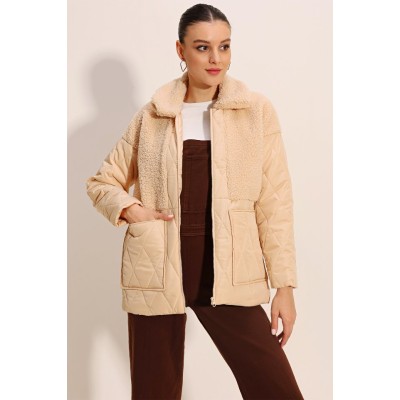 5182 Peluş Detaylı Oversize Şişme Mont - Bej