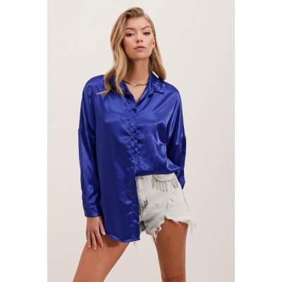3985 Oversize Saten Gömlek - Saks 3985 Oversize Saten Gömlek - Saks
