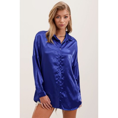 3985 Oversize Saten Gömlek - Saks 3985 Oversize Saten Gömlek - Saks