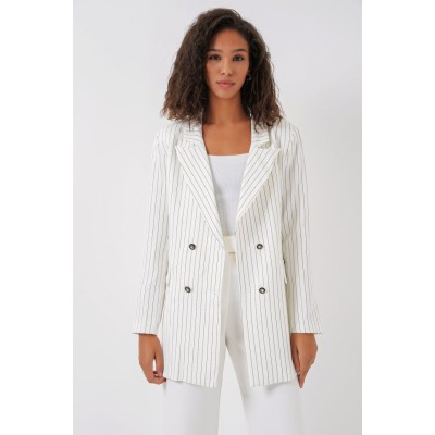 Beyaz Çift Düğmeli Çizgili Blazer Ceket 0699 Beyaz Çift Düğmeli Çizgili Blazer Ceket 0699