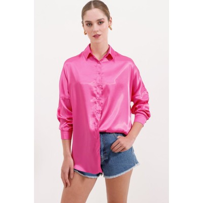 3985 Oversize Saten Gömlek - Fuşya 3985 Oversize Saten Gömlek - Fuşya