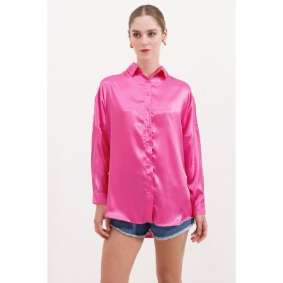 3985 Oversize Saten Gömlek - Fuşya 3985 Oversize Saten Gömlek - Fuşya