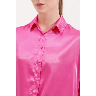 3985 Oversize Saten Gömlek - Fuşya 3985 Oversize Saten Gömlek - Fuşya
