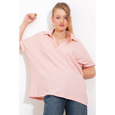 Pudra Oversize Polo Yaka Örme Bluz 0486