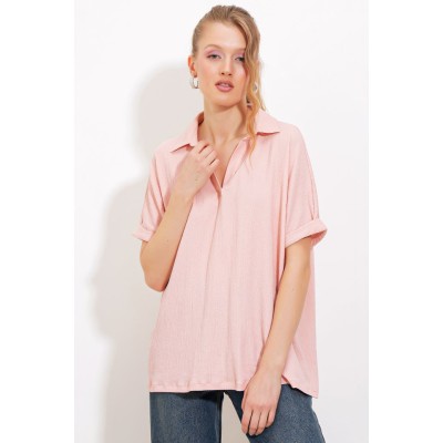 Pudra Oversize Polo Yaka Örme Bluz 0486 Pudra Oversize Polo Yaka Örme Bluz 0486