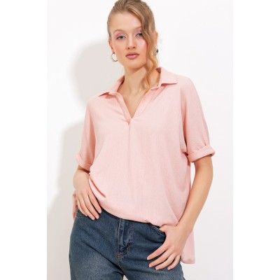 Pudra Oversize Polo Yaka Örme Bluz 0486 Pudra Oversize Polo Yaka Örme Bluz 0486