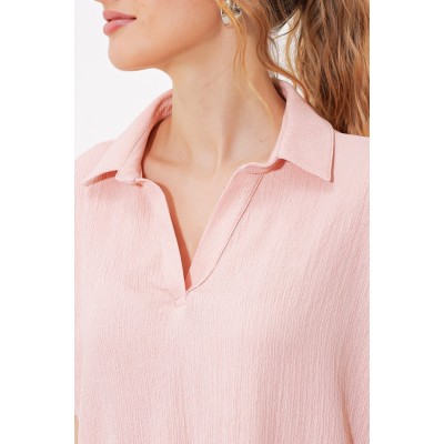 Pudra Oversize Polo Yaka Örme Bluz 0486 Pudra Oversize Polo Yaka Örme Bluz 0486