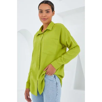 20153 Tek Cepli Oversize Keten Gömlek - Yağ Yeşil 20153 Tek Cepli Oversize Keten Gömlek - Yağ Yeşil