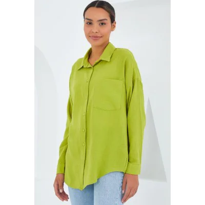 20153 Tek Cepli Oversize Keten Gömlek - Yağ Yeşil 20153 Tek Cepli Oversize Keten Gömlek - Yağ Yeşil