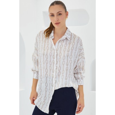 Bej Beyaz Desenli Oversize Saten Gömlek 3985 Bej Beyaz Desenli Oversize Saten Gömlek 3985