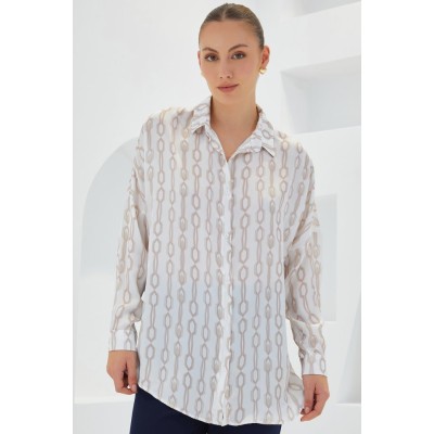 Bej Beyaz Desenli Oversize Saten Gömlek 3985 Bej Beyaz Desenli Oversize Saten Gömlek 3985