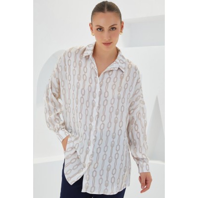 Bej Beyaz Desenli Oversize Saten Gömlek 3985 Bej Beyaz Desenli Oversize Saten Gömlek 3985