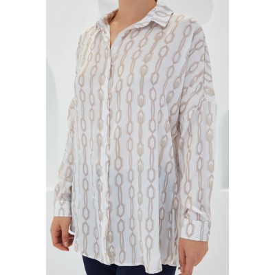Bej Beyaz Desenli Oversize Saten Gömlek 3985 Bej Beyaz Desenli Oversize Saten Gömlek 3985